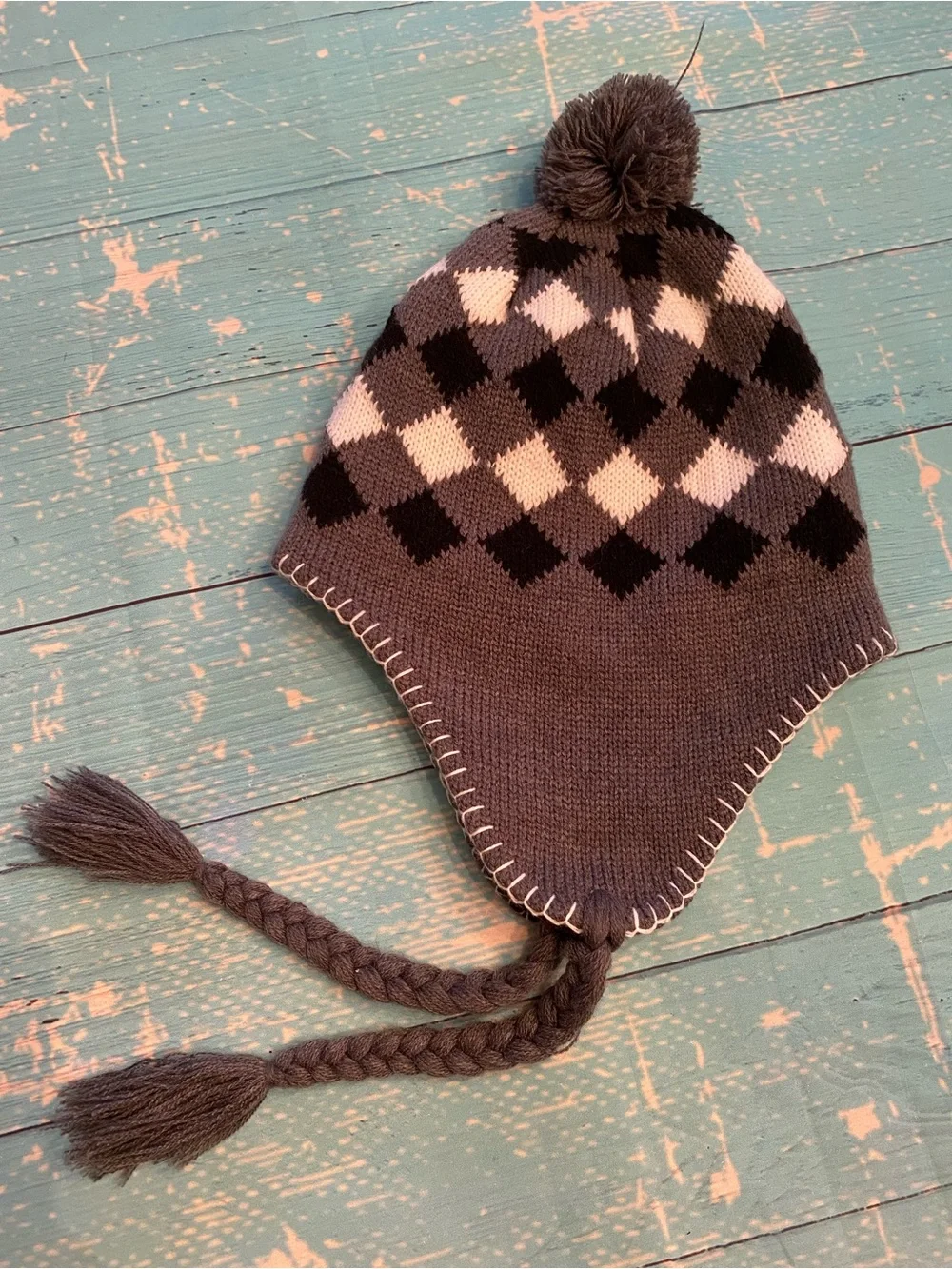 Gray, Black, White, Pom-Pom Earflap Hat